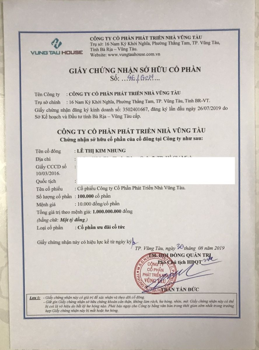 Giấy chứng nhận sở hữu cổ phần, vung tau house, 