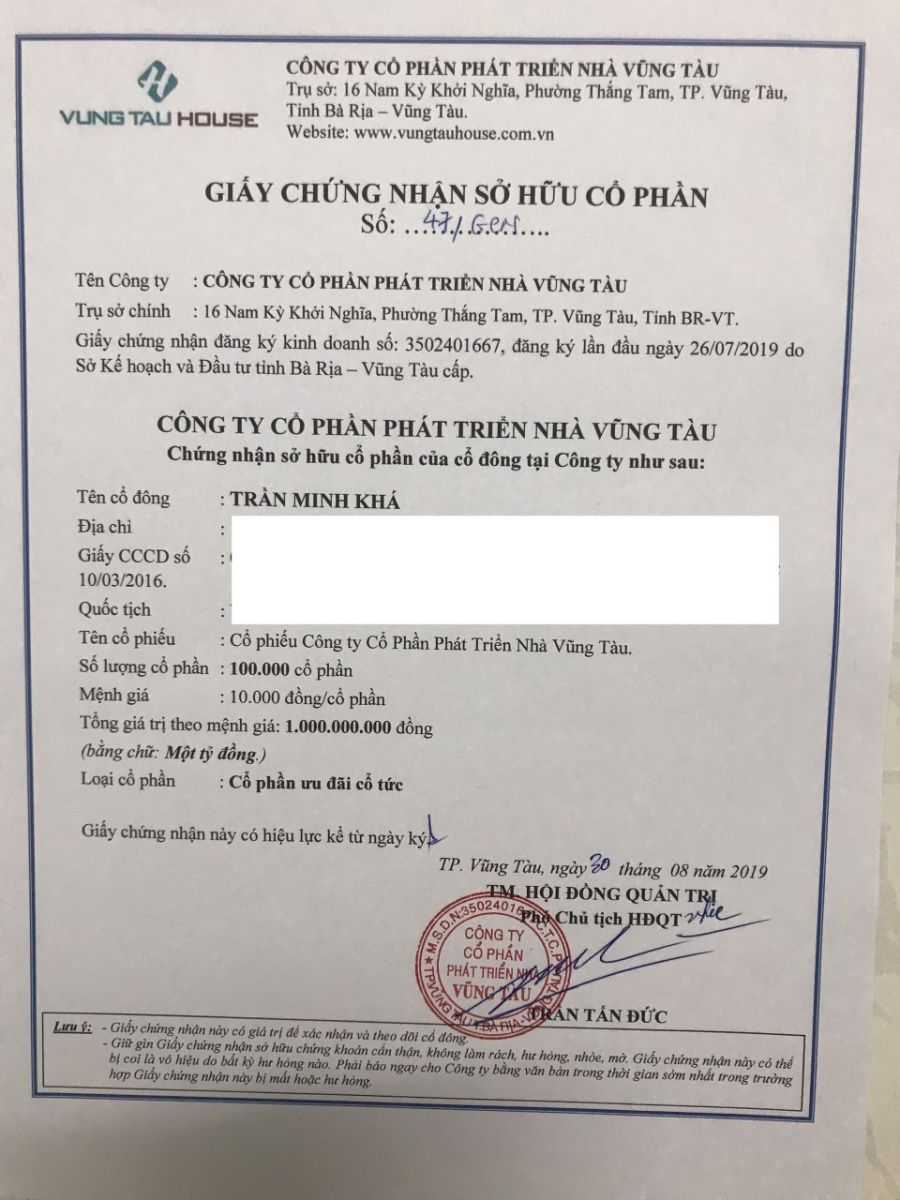 Giấy chứng nhận sở hữu cổ phần, vung tau house, 