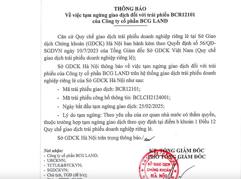 HNX tạm dừng giao dịch 2,5 nghìn tỷ đồng trái phiếu của BCG Land