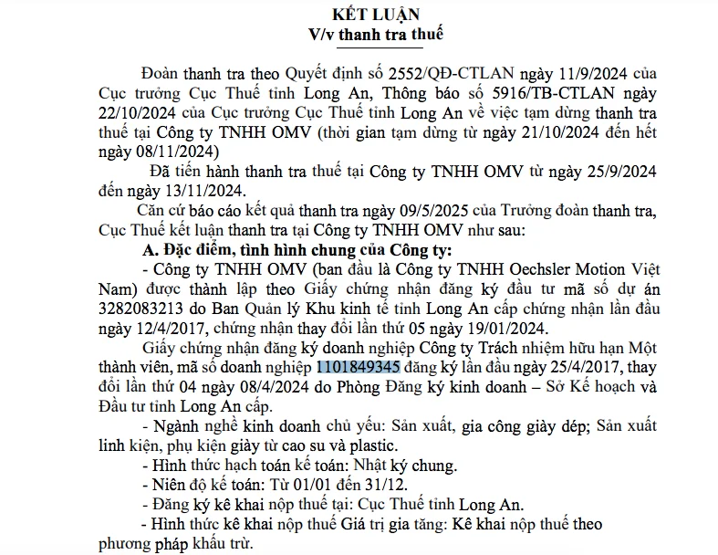 Công ty TNHH OMV bị phạt, truy thu 2,5 tỷ đồng tiền thuế