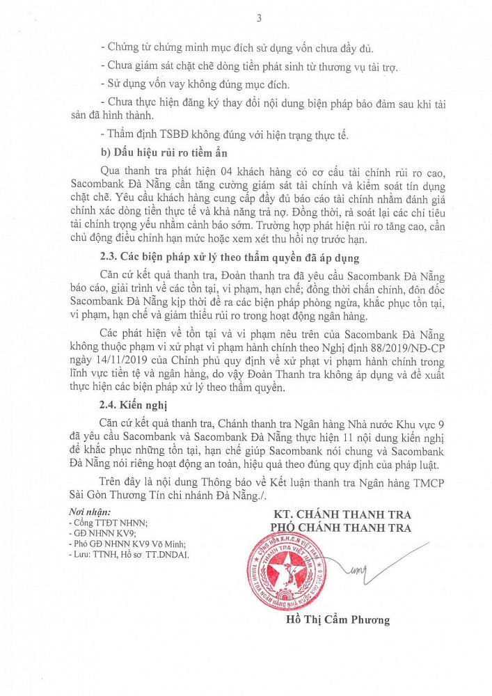 Phát hiện 4 khách hàng có cơ cấu tài chính rủi ro cao tại Sacombank Đà Nẵng