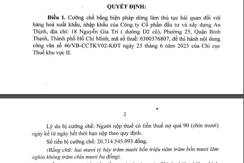 Nợ gần 21 tỷ đồng tiền thuế, Xây dựng An Thịnh bị cưỡng chế