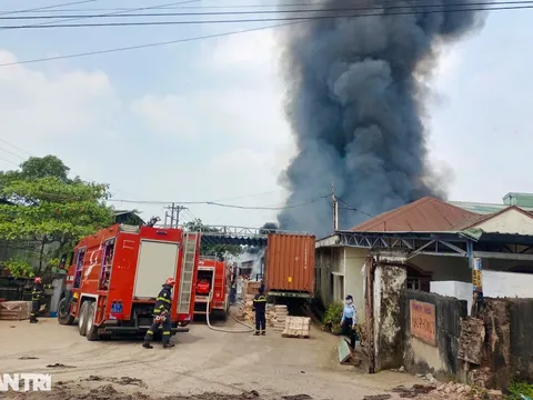 Cháy công ty nội thất ở Bình Dương, công nhân hỗ trợ dập lửa