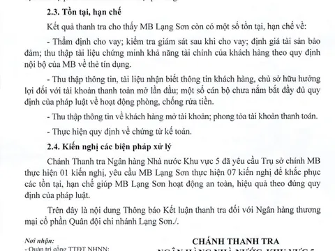 Ngân hàng Nhà nước chỉ ra một số thiếu sót tại MB Lạng Sơn