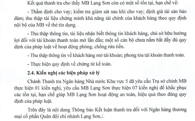 Ngân hàng Nhà nước chỉ ra một số thiếu sót tại MB Lạng Sơn